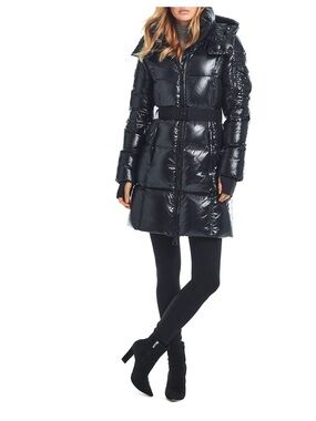 NOHO Shiny Black Quilted Belted Puffer Coat